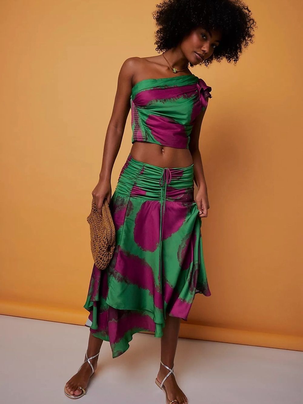 Free People x House Of Amma Top Mielle One Shoulder Ruffle Green Purple Sz XS